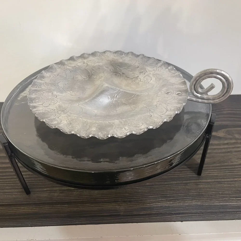 Vintage Hand finished Aluminum round 9” Vintage Tray Embossed Design w/handle
